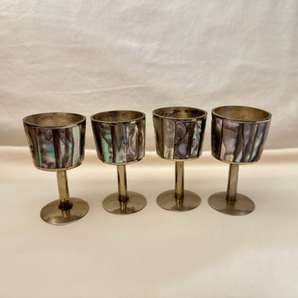 Set of Four Vintage Silver Abalone Shell Goblets - Picture 2 of 9